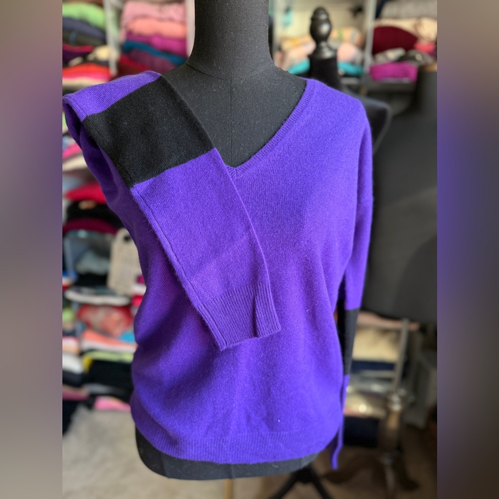 ADORABLE Aqua V-Neck Cashmere Sweater in Purple and Black
